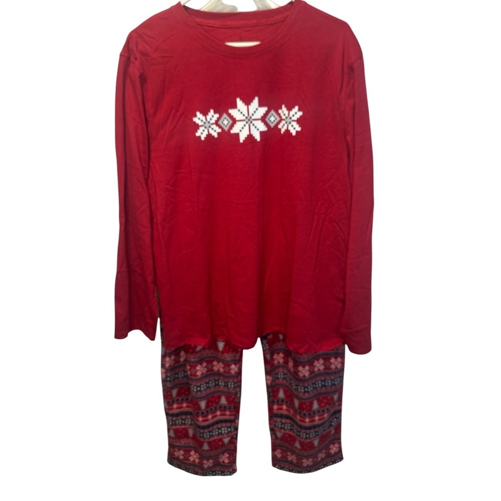 Cuddl Duds Womens Red Pajama 2 Piece Set Snowflake Fair Isle Fleece XL NEW